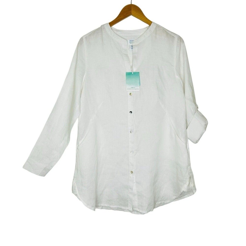 Sigrid Olsen White Linen Top Sz SMALL Tunic with Pockets Long Sleeve NEW
